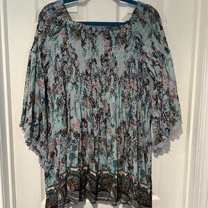 EUC RUCHED BODICE PLUS SIZE TUNIC TOP BELL SLEEVES